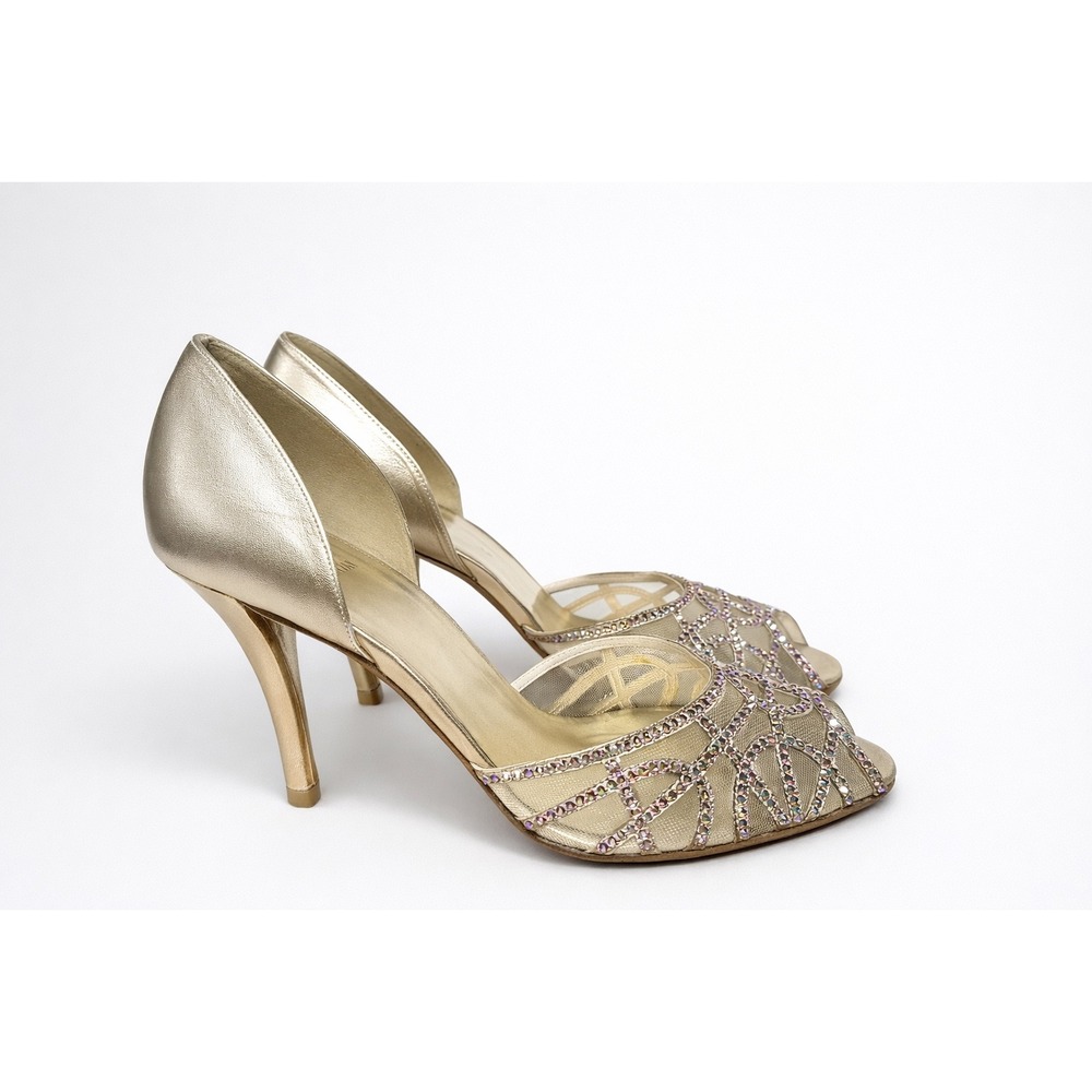 Stuart Weitzman Glasshouse Gold Rhinestone Peep Toe Heels Sz‎ 8.5 Evening Formal
